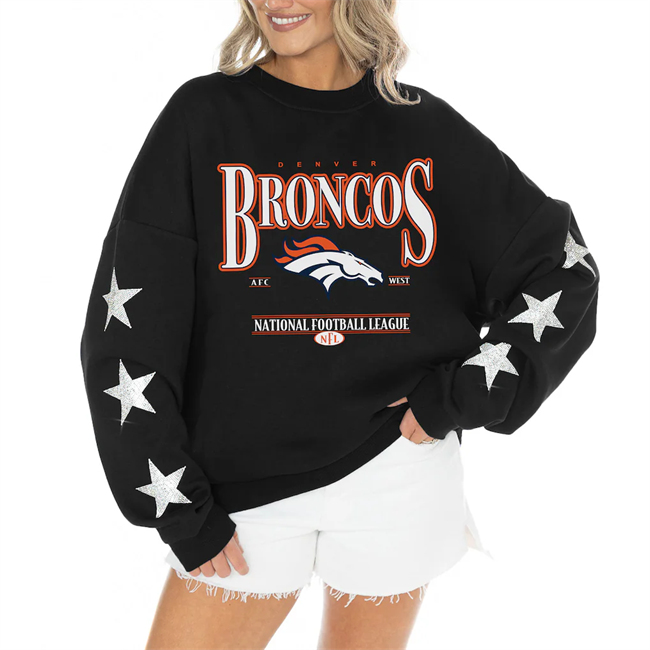 Women's Black Denver Broncos Gameday Couture Rhinestone Star Sleeve Settle the Score Oversized Tri-Blend Pullover(Run Small)